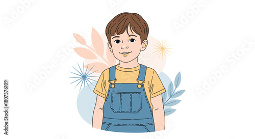 Charming cartoon illustration of a cute little boy in denim overalls with plants in the background.