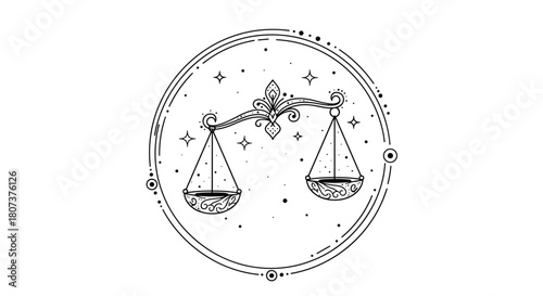 Mystical line art illustration of the Libra zodiac sign represented by scales within a circle.