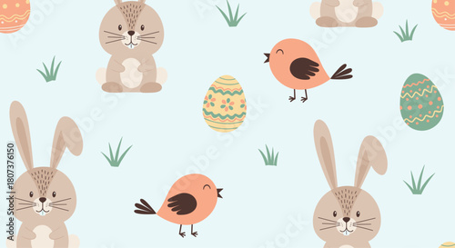 Cute seamless Easter pattern featuring adorable cartoon bunnies little birds and decorated eggs.