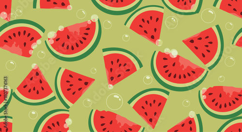 Vibrant and juicy seamless pattern of red watermelon slices on a bright green background.