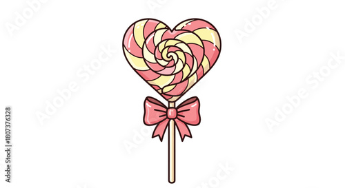 Sweet and colorful heart-shaped lollipop with a striped pattern and a cute pink bow.