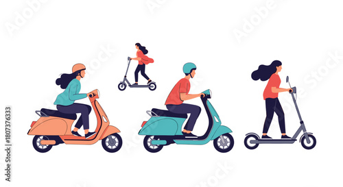 Young friends riding different types of modern scooters including an electric one together.