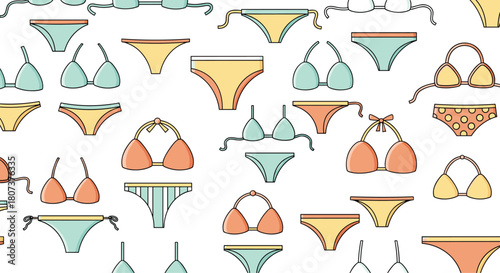 Colorful seamless summer pattern with various types of bikini swimsuits on a white background.