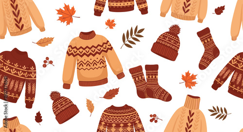 Cozy seamless autumn pattern with various knitted sweaters hats socks and colorful fall leaves.