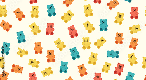 Cute and colorful seamless pattern featuring sweet gummy bear candies in various bright colors.