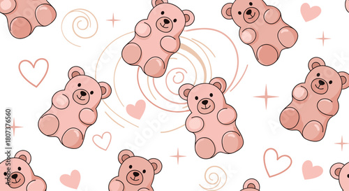 A seamless pattern with cute teddy bears hearts and plus signs in a soft palette suitable for romantic or children's designs.