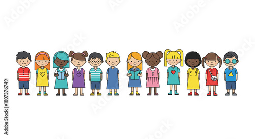 A horizontal illustration of a diverse group of children standing together promotes friendship and unity.