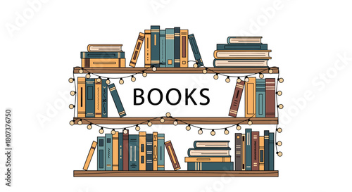 A cozy bookshelf brimming with books is warmly decorated with fairy lights and a "BOOKS" sign.