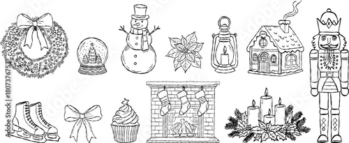 Hand drawn Christmas elements with wreath, snow globe, snowman, nutcracker, candles and festive decor. Vintage holiday sketch illustration