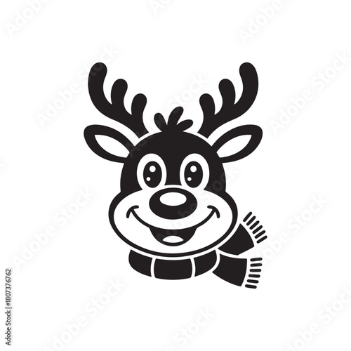 Black and white cartoon reindeer wearing a striped scarf with antlers animal