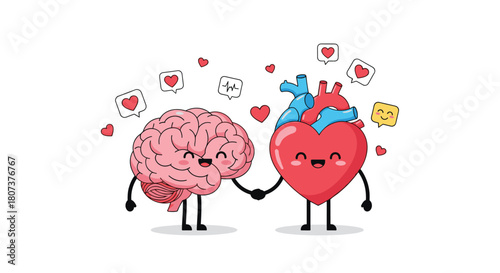 A cartoon brain and heart hold hands and say "I love you," illustrating the connection between mind and emotion.