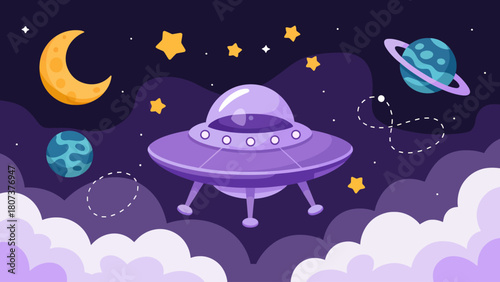 Whimsical Space Adventure with UFO Moon Planets and Stars in the Night Sky Fantasy Illustration