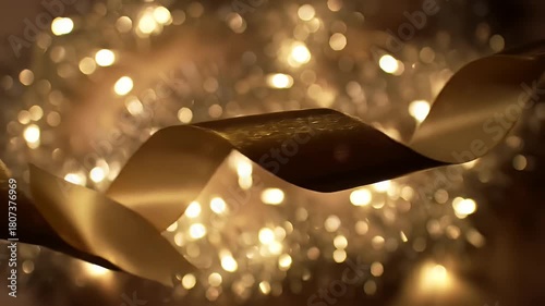 Glimmering Bokeh Background with Golden Ribbon and Soft Light Reflections for Celebrations
