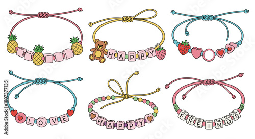 A colorful collection of handmade-style friendship bracelets features various patterns and charms.