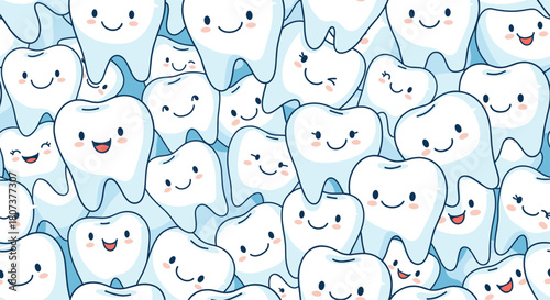 A seamless pattern of cute happy cartoon teeth offers a fun way to promote dental health and hygiene.