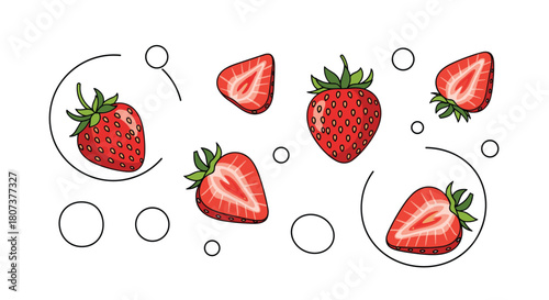  Collection of fresh red strawberries both whole and sliced in half decorated with simple circles on a white background.