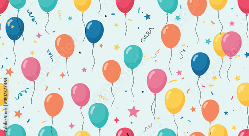 A festive seamless pattern of colorful balloons and confetti is ideal for birthdays and celebrations.