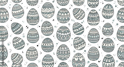 An intricately decorated seamless pattern of Easter eggs in black and white offers a stylish traditional design.