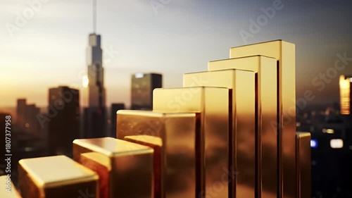 Golden Bars Representing Economic Growth in Modern Cityscape at Sunrise