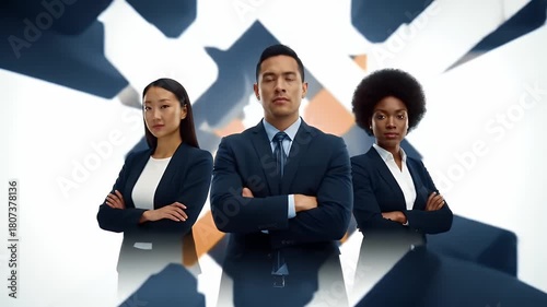 Professional Diverse Team of Businesspeople Standing Confidently with Arms Crossed in Modern Setting