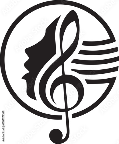 Illustration of treble clef and face silhouette inside a circle