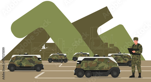 Military Autonomous Vehicle Deployment: A Soldier Oversees the Fleet in a Base Complex