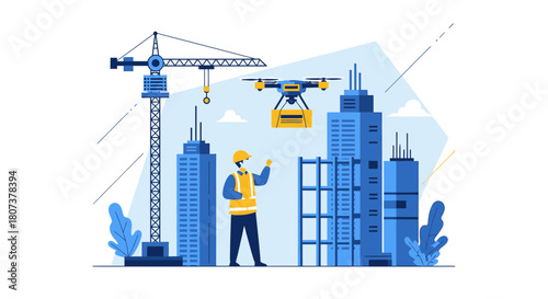 Modern construction site with drone delivery and worker, featuring tall buildings and a crane in a