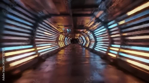 Futuristic tunnel with glowing walls and linear perspective creating an abstract digital corridor