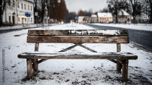 single wooden bench covered in snow, white background, empty park scene, quiet mood