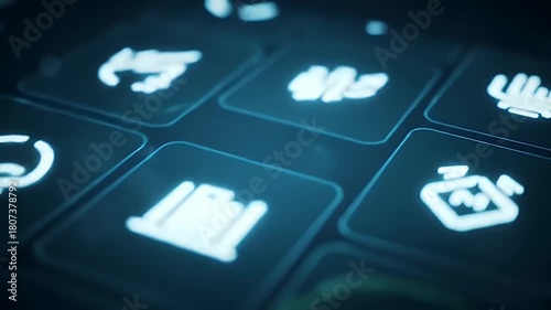 Digital Interface with Various Icons on a Backlit Keyboard for Modern Technology Solutions
