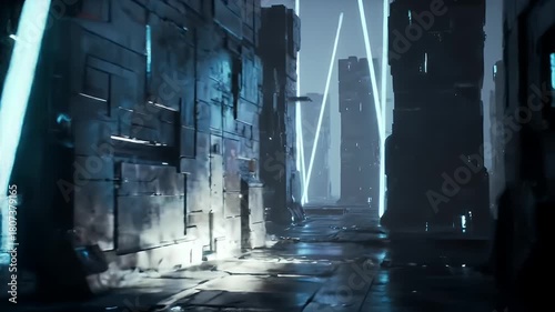 Futuristic Urban Alleyway with Neon Lights and High-Tech Elements in Dystopian Setting