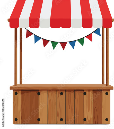 Cartoon Fair or Market Stall Vector Illustration, Striped Tent and Wooden Booth.