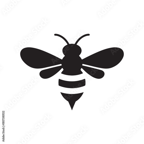 Black silhouette of a bee with striped abdomen and wings on white insect