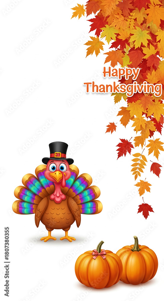 Fototapeta premium Cartoon illustration with leaves, pumpkins, and turkey wearing hat. Festive and celebratory, symbolizing Thanksgiving, harvest and autumn themes
