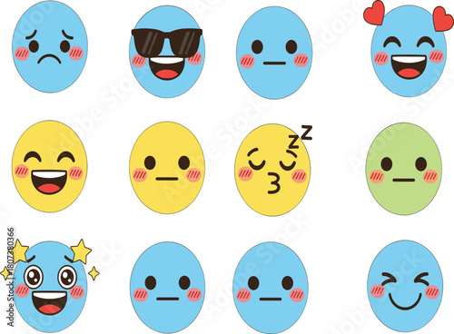Cute Cartoon Emoji and Emoticon Vector Set, Various Happy and Sad Face Expressions.
