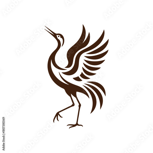 Brown stylized crane bird with wings spread and one leg raised animal wildlife