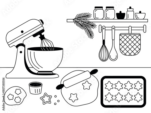 Baking preparation with a stand mixer, dough, cookie cutters, and a baking sheet.