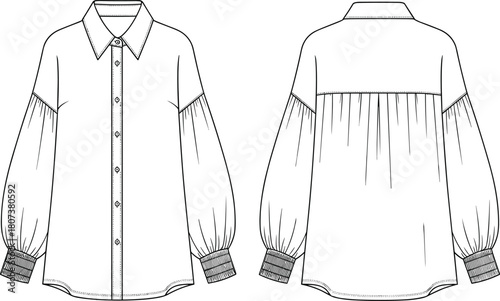 Women's Blouse Technical Fashion Flat Sketch with Voluminous Balloon Sleeves and Smocked Cuffs, Front and Back Vector Illustration Template.