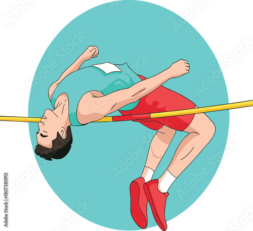 Vector illustration of male athlete high jumping over yellow bar, track and field sport competition, isolated on teal circle background.