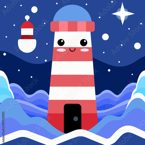 A cute lighthouse with a smiling face isolated on