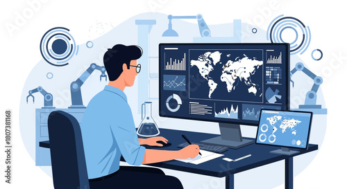 Scientist monitoring global data trends with advanced technology and robotic arms in laboratory