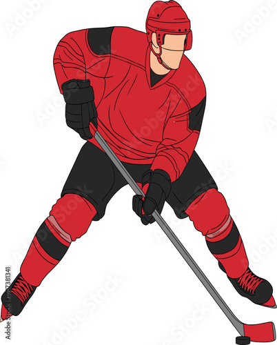 Professional ice hockey player in a red uniform skating with a stick and puck, vector illustration isolated on white, winter sport concept.