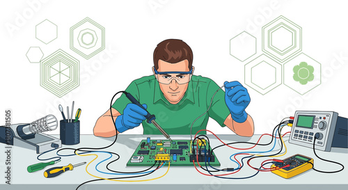 Skilled technician carefully soldering components on a circuit board with precision and expertise