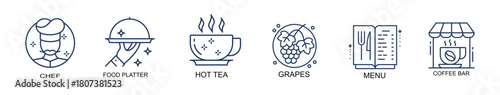 Clean line icons representing various restaurant and food items for menu and app design.