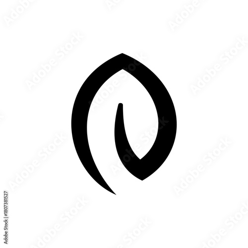 A minimalist black abstract leaf or drop shape with an internal curve on a white background.