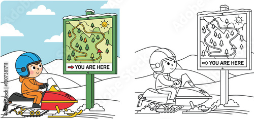 Coloring book page of a cute child riding a snowmobile and checking a trail map sign in a winter landscape vector illustration