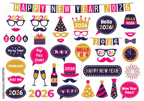 New Year 2026 photo booth props set with hats, glasses, crowns, speech bubbles, champagne, and party elements