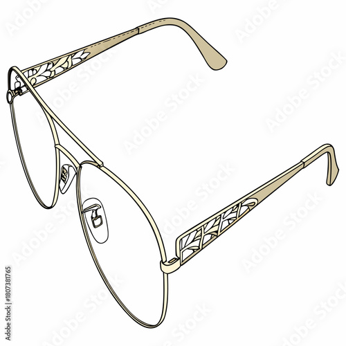 Elegant gold frame glasses with decorative detail isolated on