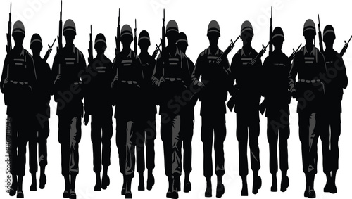 Black silhouette illustration of a group of army soldiers marching in uniform, holding rifles, isolated on a white background for defense.