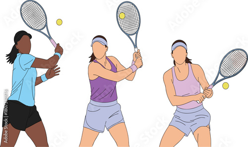 Vector illustration set of three diverse female tennis players hitting balls with rackets, isolated on a white background, sport competition concept.